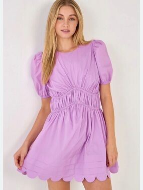 English Factory Lilac Puff-Sleeve Scallop-Hem Mini Dress